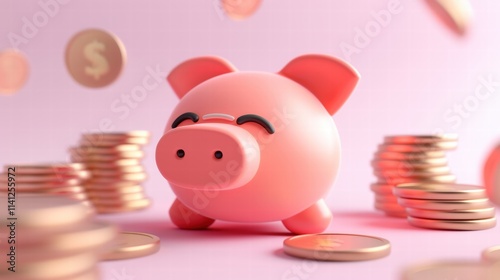 Abstract Concept of Saving Money with a Simplified Pink Piggy Bank Surrounded by Coins on a Soft Pink Background photo