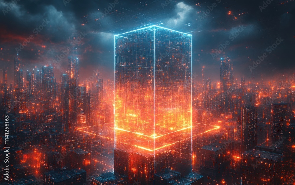 Obraz premium Futuristic Cityscape with Abstract Geometric Structures and Neon Blue Lights in Cyberpunk Style