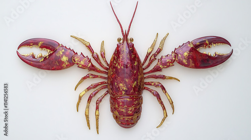 A bold crimson and gold lobster artwork, highly saturated and striking, with radiant details and subtle glows along the legs and claws, clear-cut against a pure white background, featuring elegant tex photo