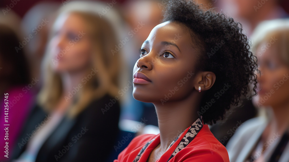 Fototapeta premium Engaged audience listening attentively to a motivational speaker at a conference focused on personal growth and professional success.