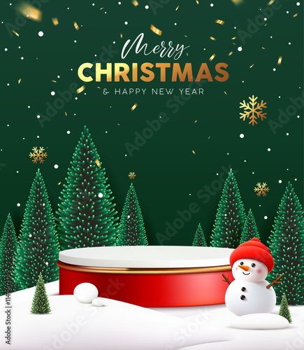 Merry Christmas and Happy new year, Podium, Snowman, poster flyer design on pine tree green background, Eps 10 vector illustration