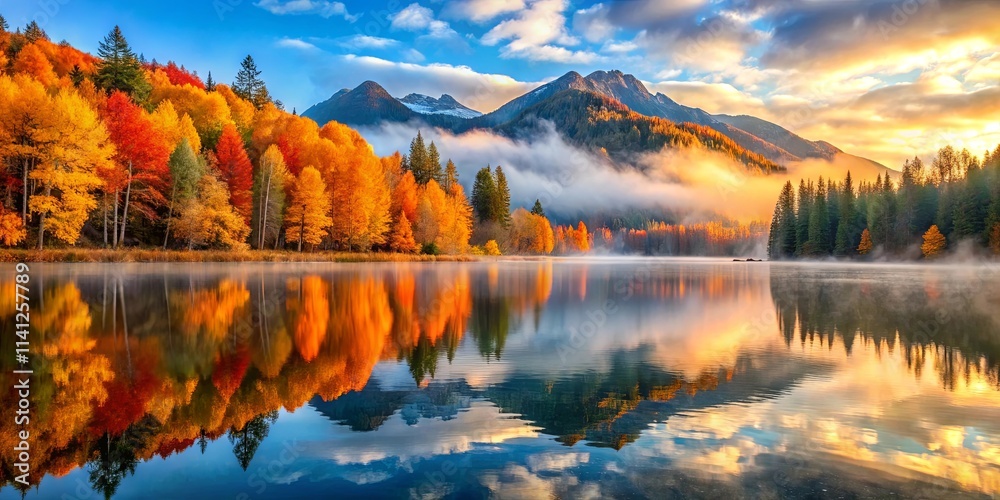 Fototapeta premium Serene Autumn Lake Reflecting Colorful Trees and Majestic Mountains at Sunrise