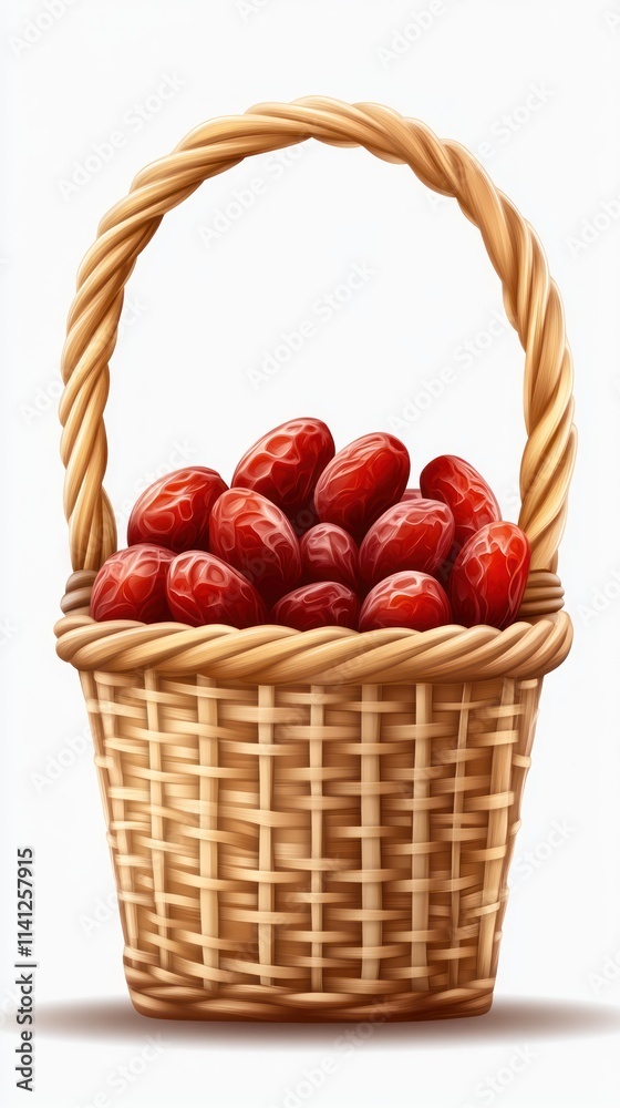 A wicker basket brimming with ripe, red dates. A wicker basket brimming with ripe, red dates.