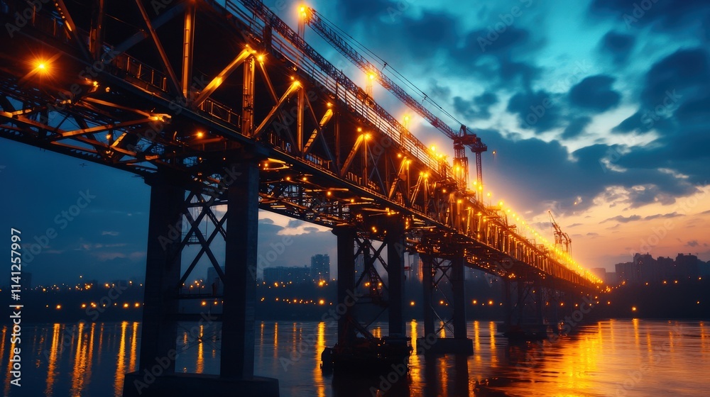 Obraz premium A large-scale bridge lit up during the evening, with active construction work continuing under spotlights