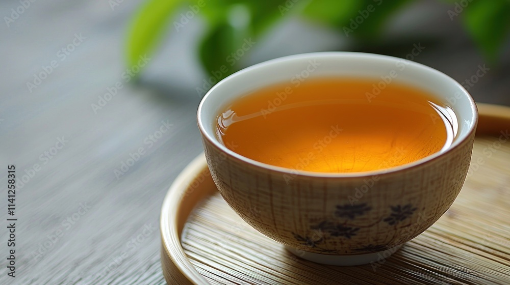 Golden Tea in Elegant Ceramic Cup on Bamboo Mat Golden Tea in Elegant Ceramic Cup on Bamboo Mat