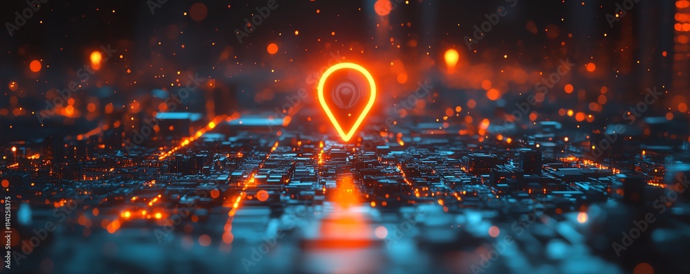 A futuristic city model with geofencing boundaries represented by a large geo pin A futuristic city model with geofencing boundaries represented by a large geo pin