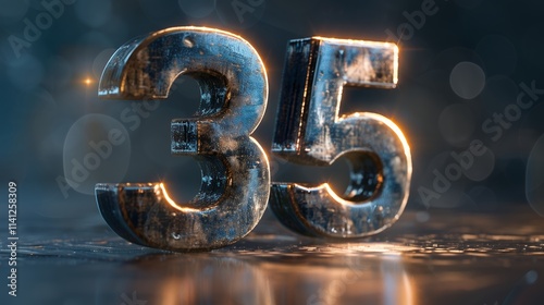 3D rendering of the illuminated metallic number 35 against a subtly blurred dark backdrop, exuding a sleek, modern aesthetic. photo