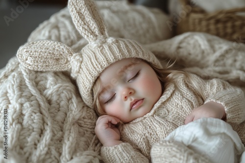 Serene Portrait of Sleeping Newborn Baby in Knitted Bunny Hat on Soft Blanket photo