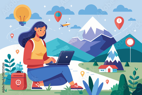 Skilled female digital nomad working remotely creating trip guide to high mountains for share to followers in social networks connected to 4g internet,