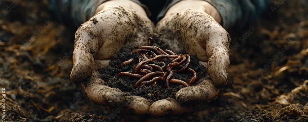 A pair of human hands delicately holding a cluster of earthworms in deep A pair of human hands delicately holding a cluster of earthworms in deep