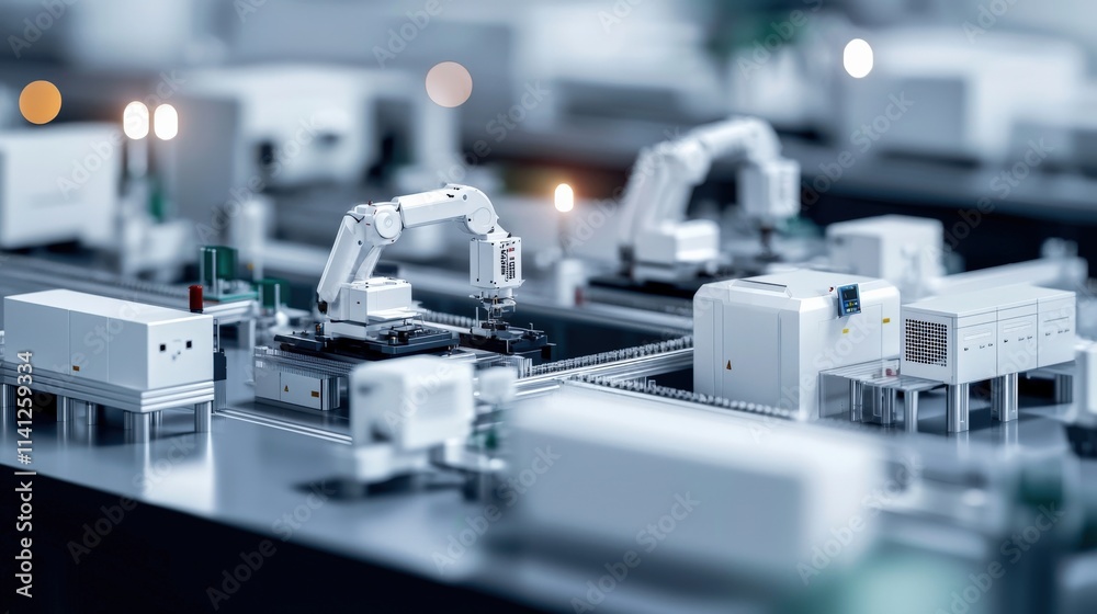 A fully automated production line assembling precision machinery with synchronized robotic arms A fully automated production line assembling precision machinery with synchronized robotic arms