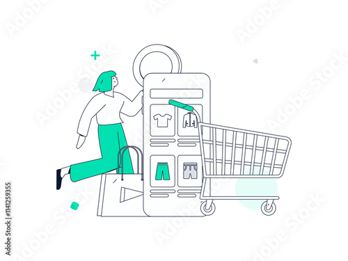 Holiday shopping people doing e-commerce online shopping flat vector concept operation hand drawn illustration
 photo