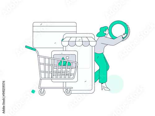 Holiday shopping people doing e-commerce online shopping flat vector concept operation hand drawn illustration
