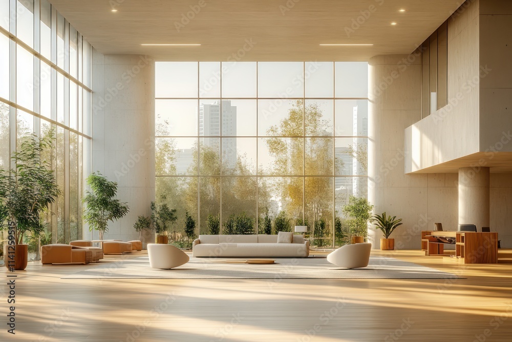 Fototapeta premium Minimalist modern office interior with large windows and desks in bright airy atmosphere