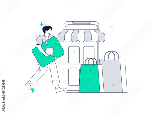 Holiday shopping people doing e-commerce online shopping flat vector concept operation hand drawn illustration
 photo