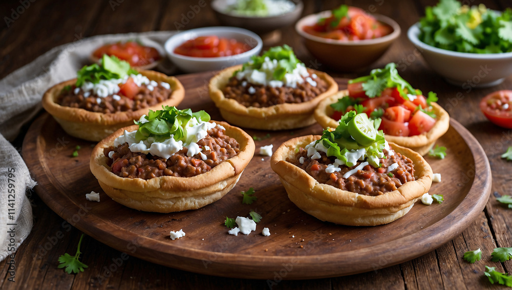 Colorful Platter of Sopes with Refried Beans and Toppings Colorful Platter of Sopes with Refried Beans and Toppings