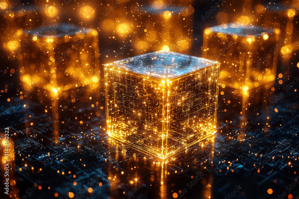 Glowing blockchain cubes with sparkling lights in digital environment Glowing blockchain cubes with sparkling lights in digital environment