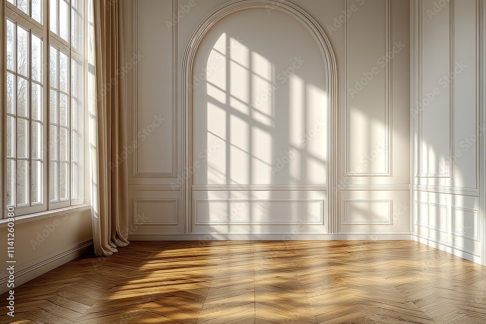Empty room with large white wall, wooden parquet floor, window with curtain, and soft sunlight creating shadows and highlights. Empty room with large white wall, wooden parquet floor, window with curtain, and soft sunlight creating shadows and highlights.