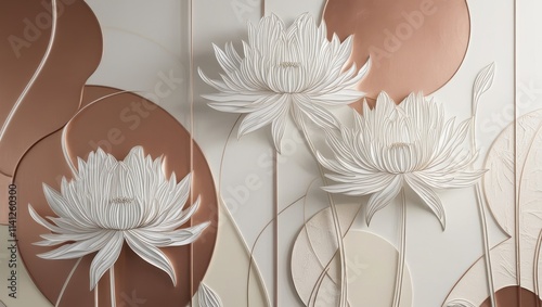 A minimalist line art wall mural featuring large, elegant white flowers with slender, curved stems and delicate, overlapping petals, varying in size and shape, against a soft, creamy beige background