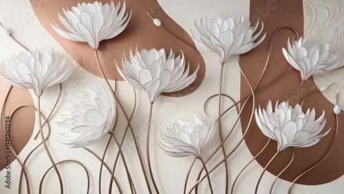 A minimalist line art wall mural featuring large, elegant white flowers with slender, curved stems and delicate, overlapping petals, varying in size and shape, against a soft, creamy beige background