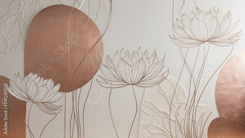 A minimalist line art wall mural featuring large, elegant white flowers with slender, curved stems and delicate, overlapping petals, varying in size and shape, against a soft, creamy beige background