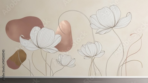 A minimalist line art wall mural featuring large, elegant white flowers with slender, curved stems and delicate, overlapping petals, varying in size and shape, against a soft, creamy beige background
