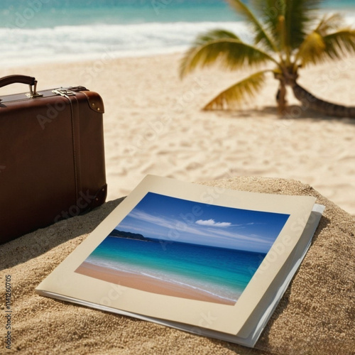 Maleta y un folleto de viajes sobre la arena de una playa con una palmera