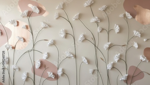 A minimalist line art wall mural featuring large, elegant white flowers with slender, curved stems and delicate, overlapping petals, varying in size and shape, against a soft, creamy beige background