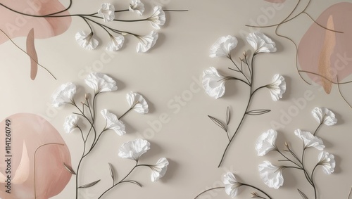 A minimalist line art wall mural featuring large, elegant white flowers with slender, curved stems and delicate, overlapping petals, varying in size and shape, against a soft, creamy beige background