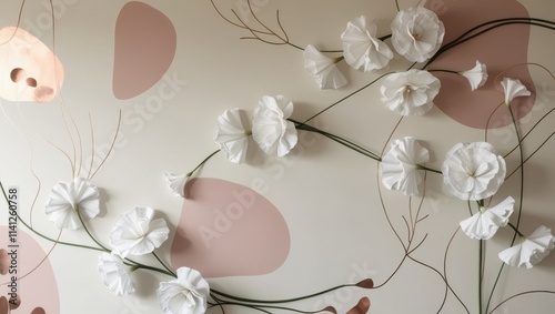 A minimalist line art wall mural featuring large, elegant white flowers with slender, curved stems and delicate, overlapping petals, varying in size and shape, against a soft, creamy beige background