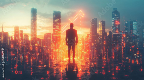 businessman standing at edge of glowing urban skyline, inspired by growth
