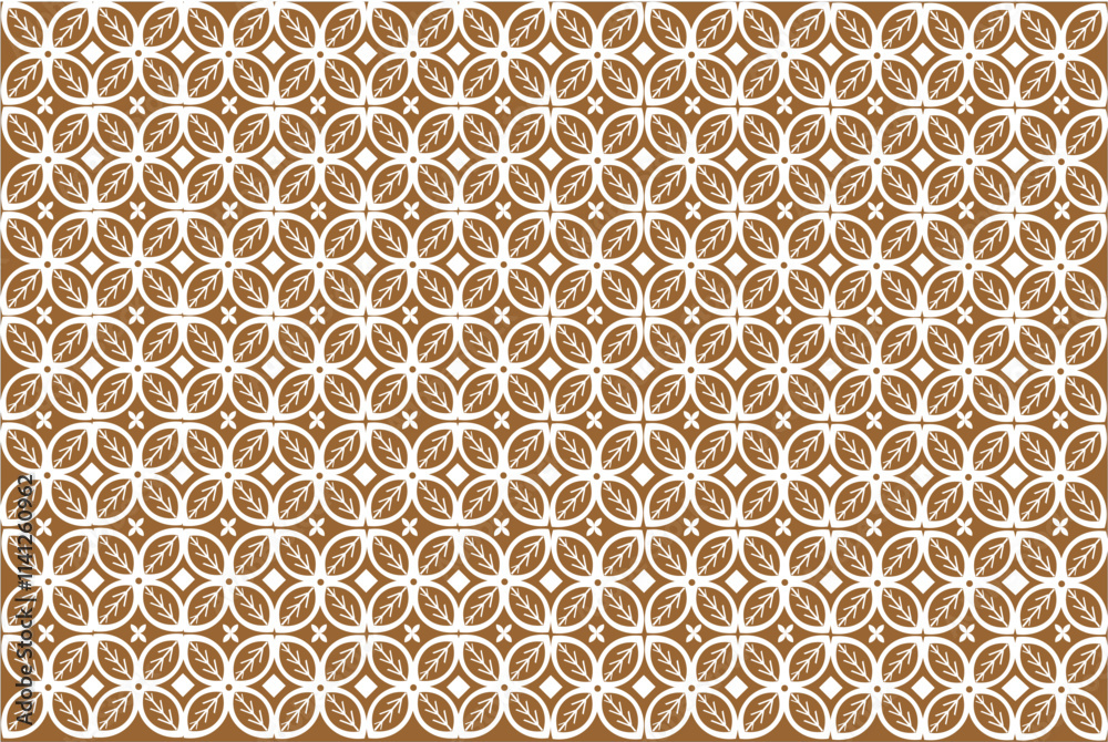 Elegant Kawung Batik pattern design with leaf elements in white and brown on a brown background. This symmetrical pattern exudes a classic and decorative feel, perfect for fabric, wallpaper or other.