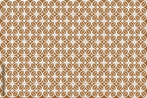 Elegant Kawung Batik pattern design with leaf elements in white and brown on a brown background. This symmetrical pattern exudes a classic and decorative feel, perfect for fabric, wallpaper or other.