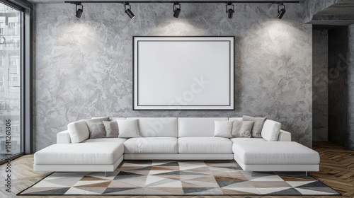 Elegant living room with white sectional and grey textured wall, lit by modern track lights. photo