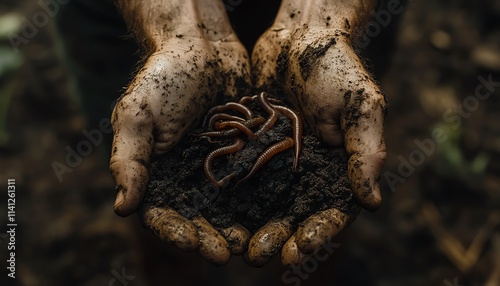 Human hands gently holding earthworms in fertile soil photo