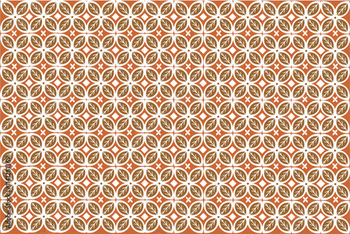 Elegant Kawung Batik pattern design with leaf elements in white and brown on a brown background. This symmetrical pattern exudes a classic and decorative feel, perfect for fabric, wallpaper or other.