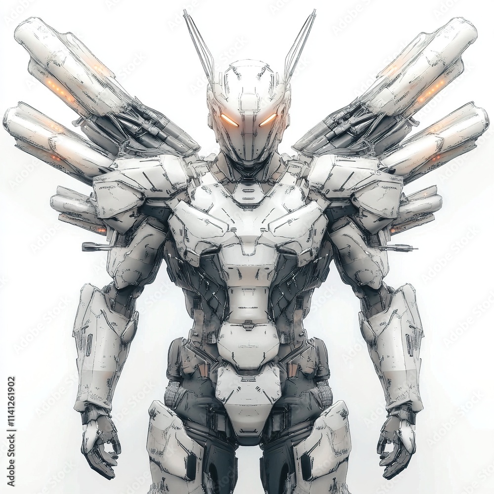 Advanced White Robotic Figure With Winged Weaponry