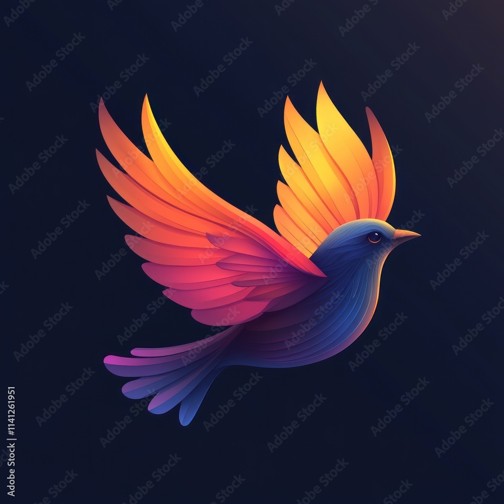 Obraz premium A vibrant, stylized bird in flight with colorful wings against a dark background.