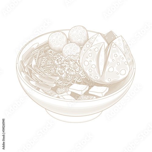 Vector Illustration Logo Line art Mie ayam Bakso ceker or Indonesian Chicken noodles soup With bakso or meatballs