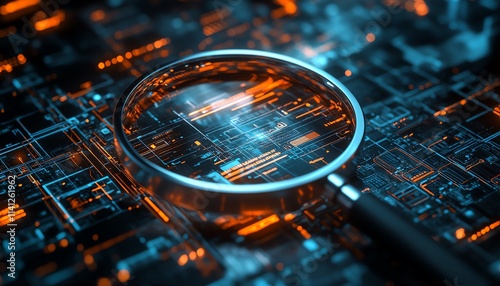 Magnifying glass zooming in on an IT security risk assessment document amidst abstract tech visuals, representing scrutiny and protection, highly detailed, cyberthemed environment photo