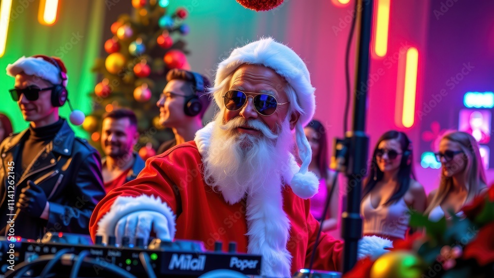 Obraz premium A suave Santa sports shades, a crisp white beard, and a mischievous grin behind a festive Christmas tree, his eyes gleaming with playful intensity in a surprisingly cool holiday look