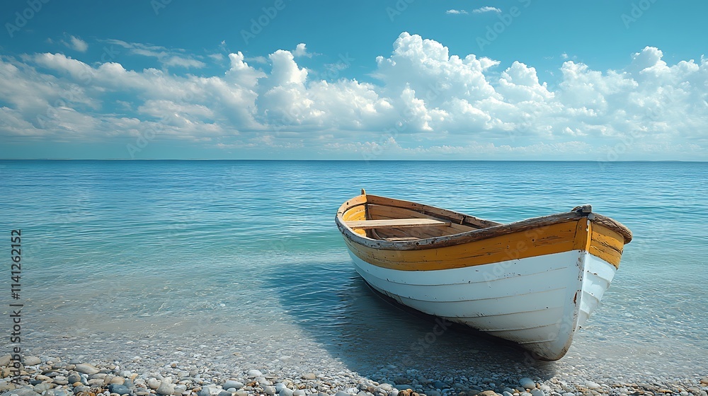 small, bright boat floating peacefully on a calm blue sea small, bright boat floating peacefully on a calm blue sea