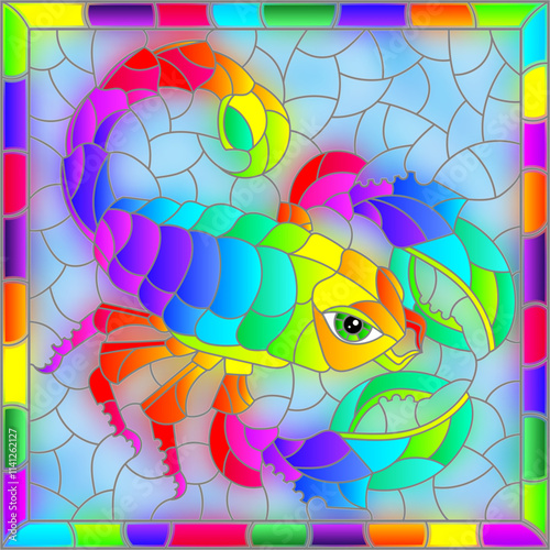 An illustration in the style of a stained glass window with a bright rainbow scorpion, a rectangular image in a bright frame