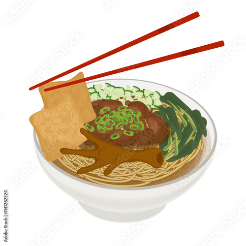 Vector Illustration Logo Clipart Delicious Mie ayam ceker or Indonesian Chicken noodles soup