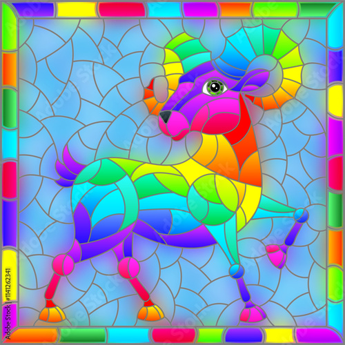 An illustration in the style of a stained glass window with an abstract rainbow ram in a bright frame, a rectangular image