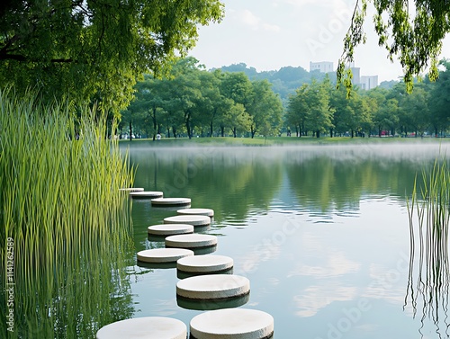 Quiet Moments in the Park A Serene Landscape of Tranquility and Reflection photo