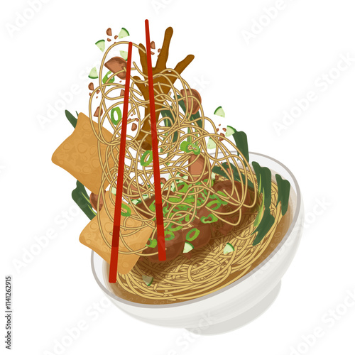 Vector Illustration Logo Clipart levitation Mie ayam ceker or Indonesian Chicken noodles soup with pangsit 