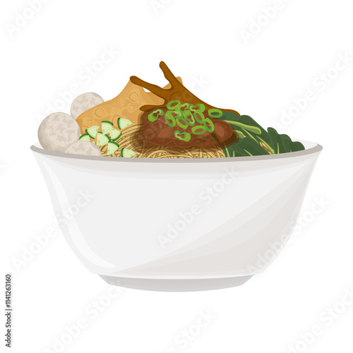 Vector Illustration Logo Clipart Mie ayam bakso or Indonesian Chicken noodle soup with Meatball on a white bowl