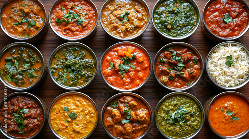 Aromatic Indian Curry Selection, Diverse Dishes, Flavors, and Spices, Served in Small Bowls, Garnish with Fresh Cilantro