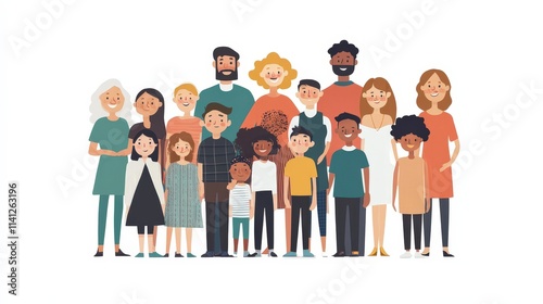 An illustration of a diverse family group of various ages, genders, and ethnicities, highlighting inclusivity and connection, set against a clean white background. AI generated.